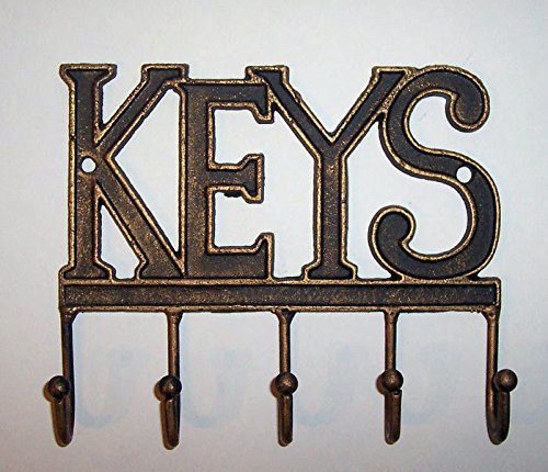 "ABC Products" - 5 - Hook - Heavy Cast Iron Key Holder - With The Word "KEYS" At The Top - Balls On The End Of The Hooks - Wall Hung - (Antique Brass Finish - Use Indoor Or Outdoor)