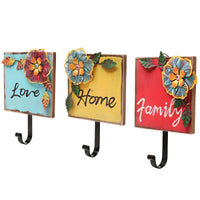 "Family, Home, Love" Wood & Metal Tropical Flowers Wall Coat/Key Hooks (Set of 3: Red/Yellow/Blue)