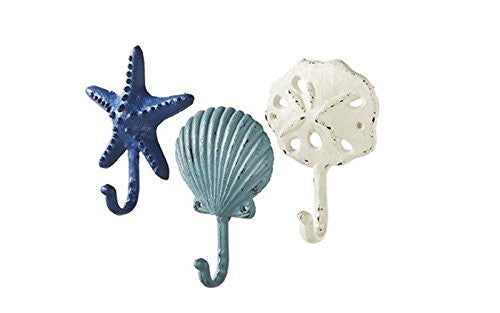Sea Treasures Wall Hooks - Set of 3 - Antique Weathered Hangers - Scallop, Sand Dollar, Sea Star / Starfish