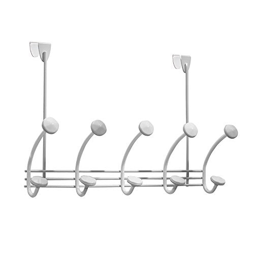 InterDesign Hex Over Door Storage Rack – Organizer Hooks for Coats, Hats, Robes, Clothes or Towels – 5 Dual Hooks, White
