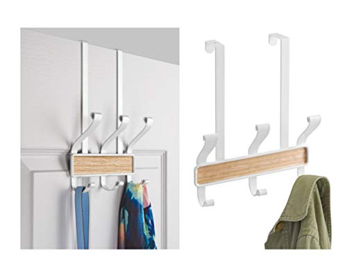 InterDesign RealWood Over Door Storage Rack – Organizer Hooks for Coats, Hats, Robes, Clothes or Towels – 3 Dual Hooks, White/Light Wood Finish