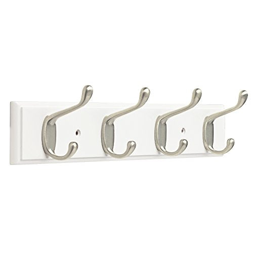 Franklin Brass FBHDCH4-WSE-R, 16" Hook Rail / Rack, with 4 Heavy Duty Coat and Hat Hooks, in White & Satin Nickel