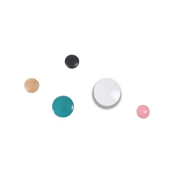 MLF The Dots Coat Hooks Set of 5, Colorful Ash Wood Wall Mounted Wall Hanger Rack, Scatter The Wall to Display Hats, Clothes and Accessories etc.(Small Natural & Black & Pink/Medium Blue/Large White)