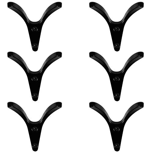 WEBI Coat Hooks,6 Black Hooks for Hanging,Double Prong V Hat Hooks for Closet,Mudroom,Bathroom
