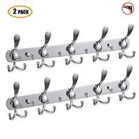 BESy Wall Mounted Coat Hooks Self Adhesive Clothes Robe Hat Rack Rail with 15 Hooks for Bathroom Kitchen Office, Drill Free with Glue or Wall Mount with Screws, Chrome Plated, 2 Packs