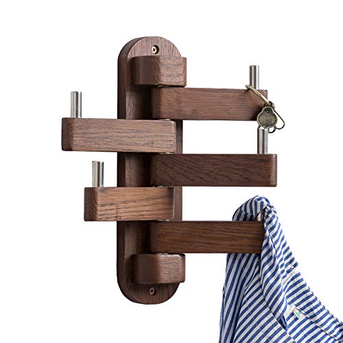 Solid Wood Swivel Coat Hooks Folding Swing Arm 5 Hat Hanger Rail Multi Foldable Arms Towel/Clothes Hanger for Bathroom Entryway Bedroom Office Kitchen Kids Garage Wall Mount Accessories (Walnut Wood)
