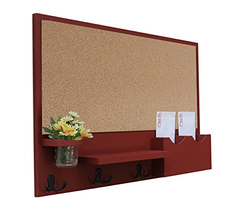 Legacy Studio Decor Cork Board Mail & Letter Holder with Key Hooks (Smooth, Barn Red)
