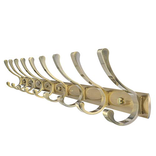 WEBI Wall Mounted Coat Rack Hook – 36-5/8 inch,9-Hooks,Grossy, Metal Decorative Hook Rail - Double Prong Robe Hooks Wall Hooks for Bathroom Kitchen Office Entryway, Antique Brass