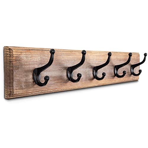 DOMEK Stylish Living Coat Rack Wall Mounted Wooden - (Large 33.5") 5 Vintage Iron Hooks Rustic Premium Solid Fir Wood for Entryway, Bedroom, Mudroom, Hats, Coats, Scarfs etc.