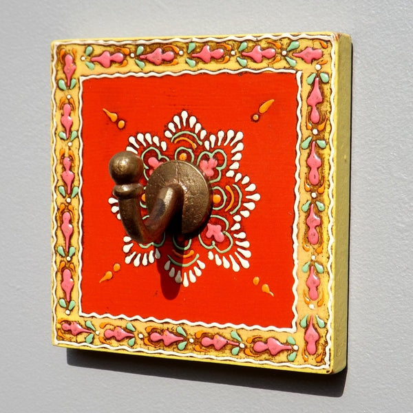 Colourful Hand painted square plaque Coat Hook, Red Centre