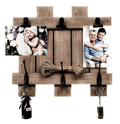 Space Art Deco Rustic Clip Frame - Fits 4x6 Photos - Three Metal Clips - Three Coat Hooks - Fence/Pallet Design - D-Ring Hangers - Wall Mount - Country Style Charm - Brown Color