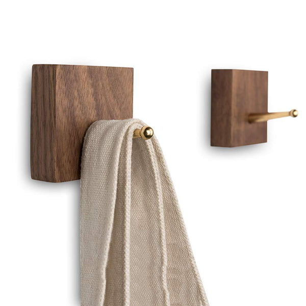 Natural Wood Brass Hooks, 3M Self Adhesive - 2 Pack