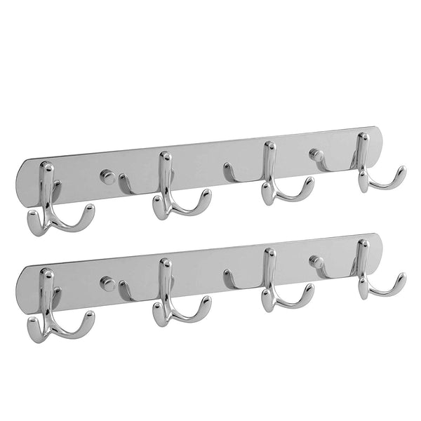 WEBI Wall Mounted Coat Rack - |4 Dual Hooks |2 Packs(16 Hooks)| Heavy Duty Coat Hook Rack Rail Double Prong Hooks for Bathroom Kitchen Office Entryway Closet Purse,Silver