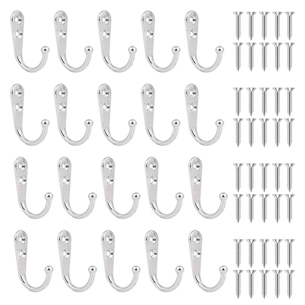 Maosifang 20 Pieces Wall Mounted Hooks Single Robe Hooks Coat Hanger with 40 Pieces Screws,Silver