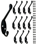 12 Pack Heavy Duty Metal Decorative Dual Coat Hooks Wall Mounted Double Coat Hanger for Hat Hardware Dual Prong Retro Coat Hanger with 26 Screws (Black)
