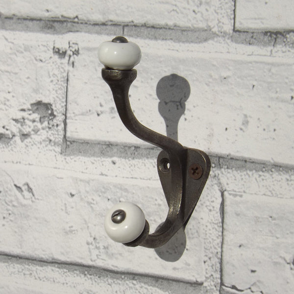 "Padstow" Cast Antique Iron Coat Hook with Ceramic Tips