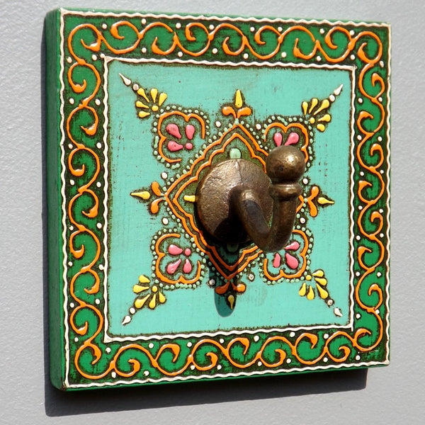 Colourful Hand painted square plaque Coat Hook, Green Centre