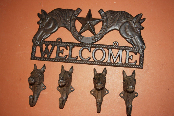 5) Ranch House Entrance Way Wall Decor, Horse | Lone Star Welcome Plaque | Horse Design Coat Hooks, Free Shipping