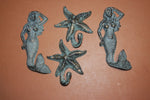 4) Mystical Mermaid Purse Jacket Wall Hook Set, Starfish Coat Hooks, Antiqued Look Cast Iron Bronzed Look Finish, Set of 4