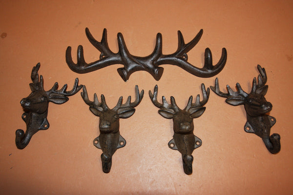 5) Wall Mounted Antler Coat Wall Hooks, Cast Iron, Deer Head Coat Hat Wall Hooks, Set of 5 pieces, Shipping Included