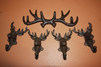 5) Deer Hunter Unique Christmas Gift, Wall Mounted Antler Deer Head Cast Iron Wall Hooks Set of 5 pieces, Sportsman, Deer Hunter