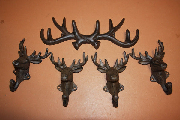 5) Rustic Cast Iron Deer Antler Wall Hooks Set of 5 pieces, Shipping Included