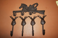 5)  Sportsman Mancave Rustic Coat Hooks, Deer Head Antler Horse Rifle Design, Solid Cast Iron