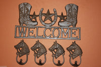 1 set, Cowboy boots, welcome sign, 4 looped horsehead, wall Hooks, bathroom hooks, coat hooks, tool shed wall hooks,Country Western, towel
