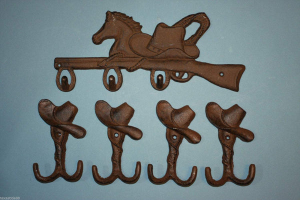 1 set, Horse, Rifle, cast iron plaque, 4 cowboy hat wall Hooks, bathroom hooks, coat hooks, tool shed hooks,Country Western, towel
