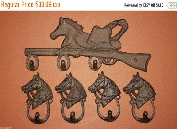 1 set, Horse, Rifle, cast iron plaque, 4 looped horsehead, wall Hooks, tack hooks, coat hooks, tool shed wall hooks,Country Western,